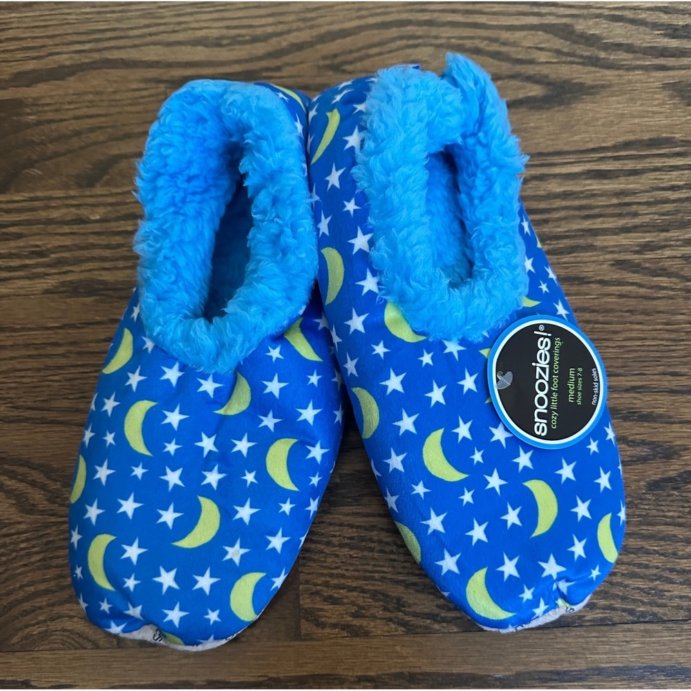 Snoozies Slippers Women M 7-8 Blue Moon Star Cozy Sherpa Lined Non-Skid Warm